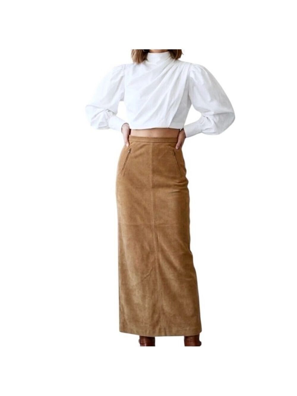 Vintage 90s tan brown faux suede straight minimalist old money midi maxi skirt 6